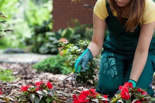 Volunteers receiving donated mulch and soil from lawn care service